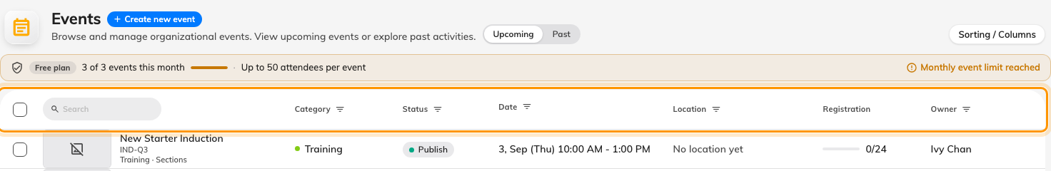 Where a column heading would be, the events list puts that column's filter.