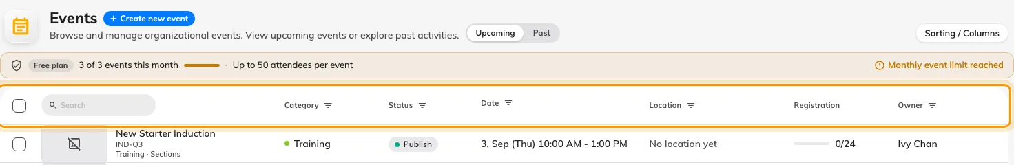 Where a column heading would be, the events list puts that column's filter.