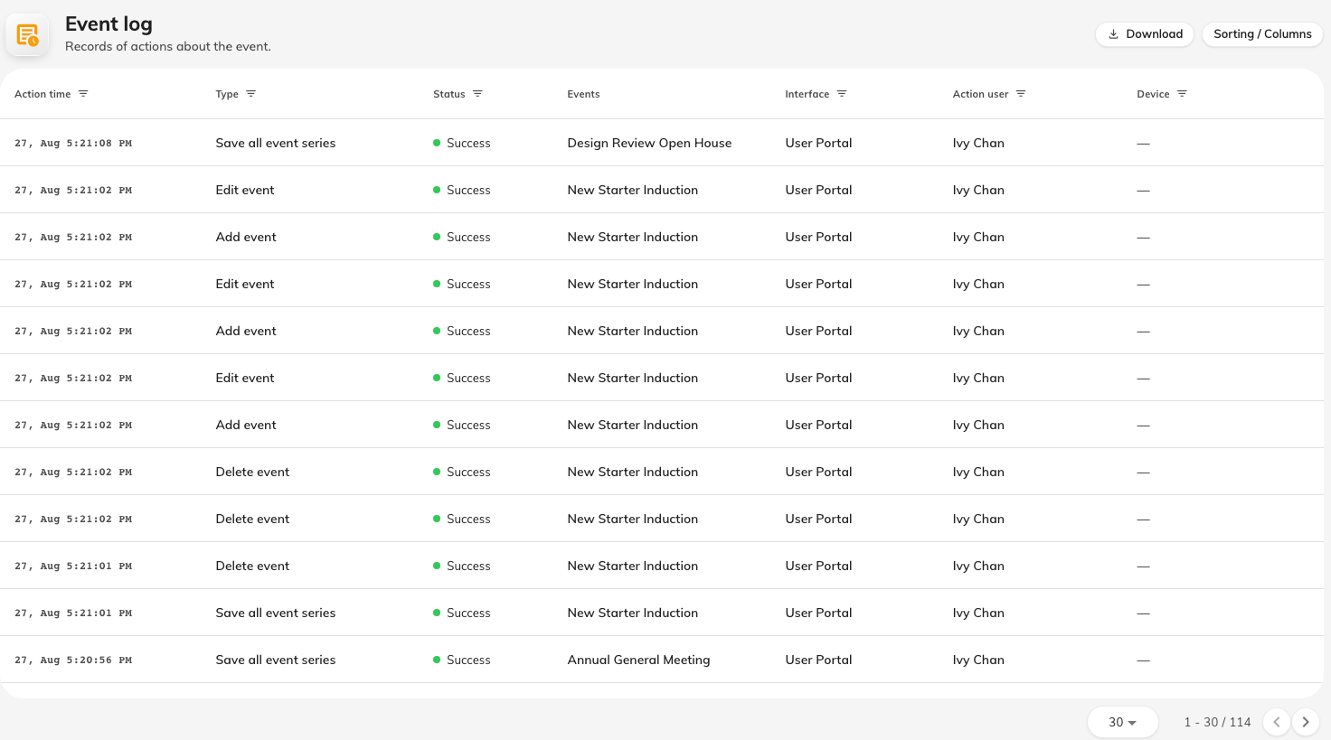 The audit trail: who did it, from which app, and when.