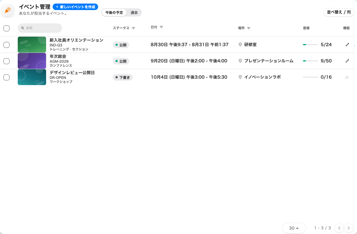 イベント管理。自分がチームに入っているイベントだけが並びます。