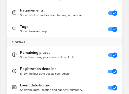 The Sidebar group — each section one switch.