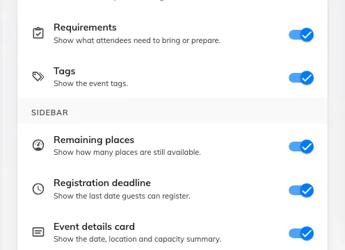 The Sidebar group — each section one switch.