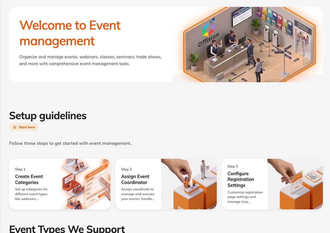 The Events section of the admin console, open on its overview page.