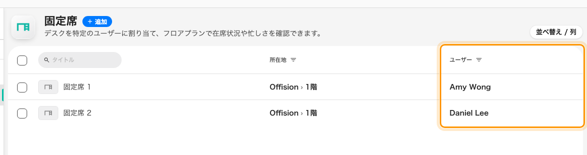固定席。「ユーザー」列こそが要点で、固定席はポリシーではなく持ち主を名指しする。