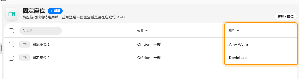 固定座位。「使用者」欄就是重點:固定座位指名的是主人,不是規則。
