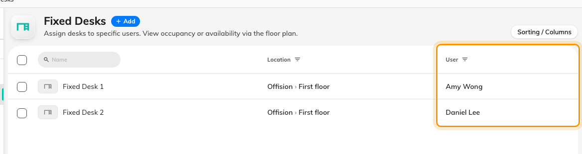 Fixed Desks. The User column is the whole point: a fixed desk names its owner instead of a policy.