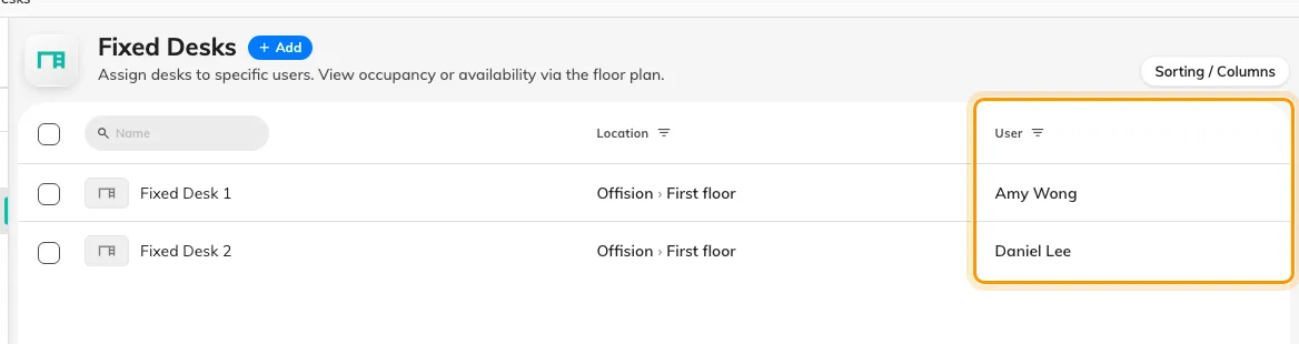 Fixed Desks. The User column is the whole point: a fixed desk names its owner instead of a policy.