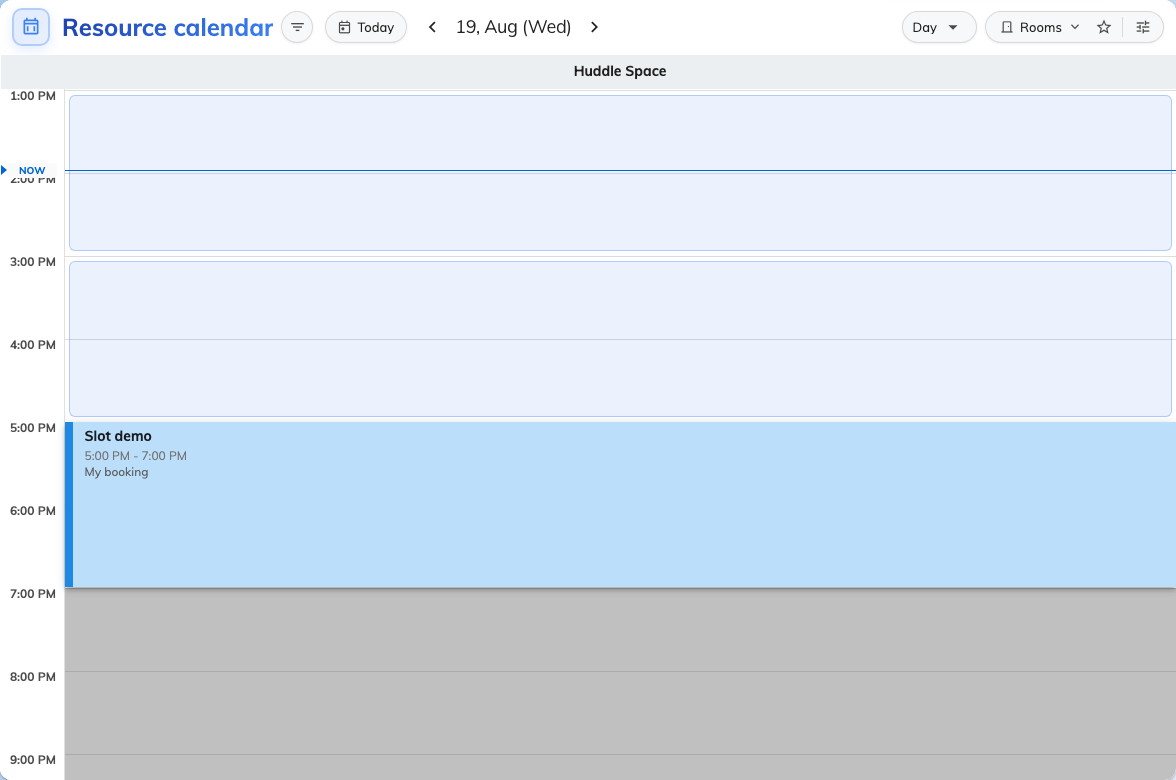 The Resource calendar in the user app, on the same room.