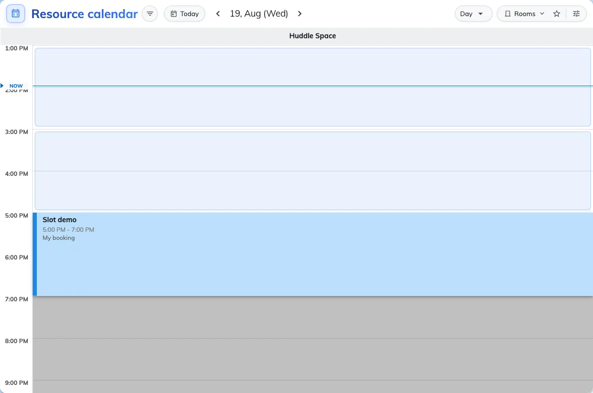 The Resource calendar in the user app, on the same room.