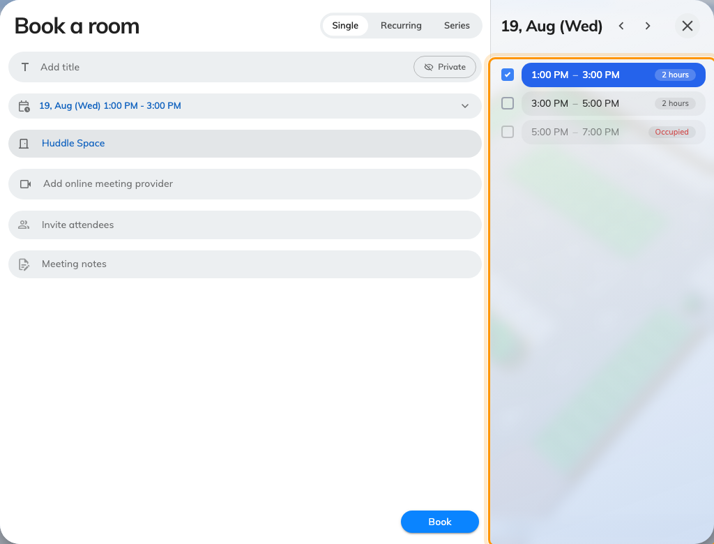The booking form for a room on the grid: a slot list, not a timeline.