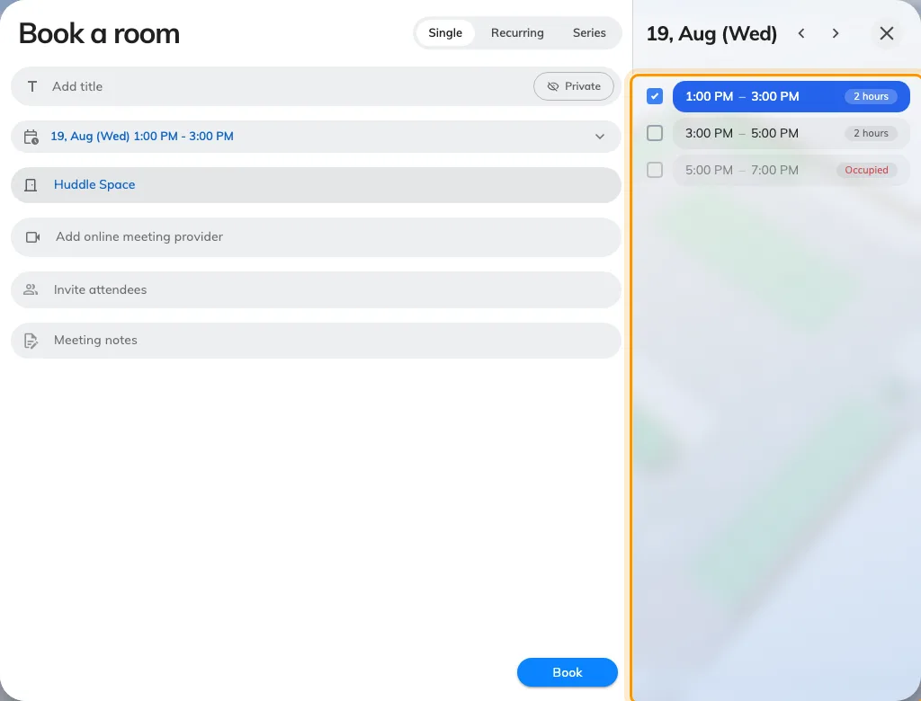 The booking form for a room on the grid: a slot list, not a timeline.