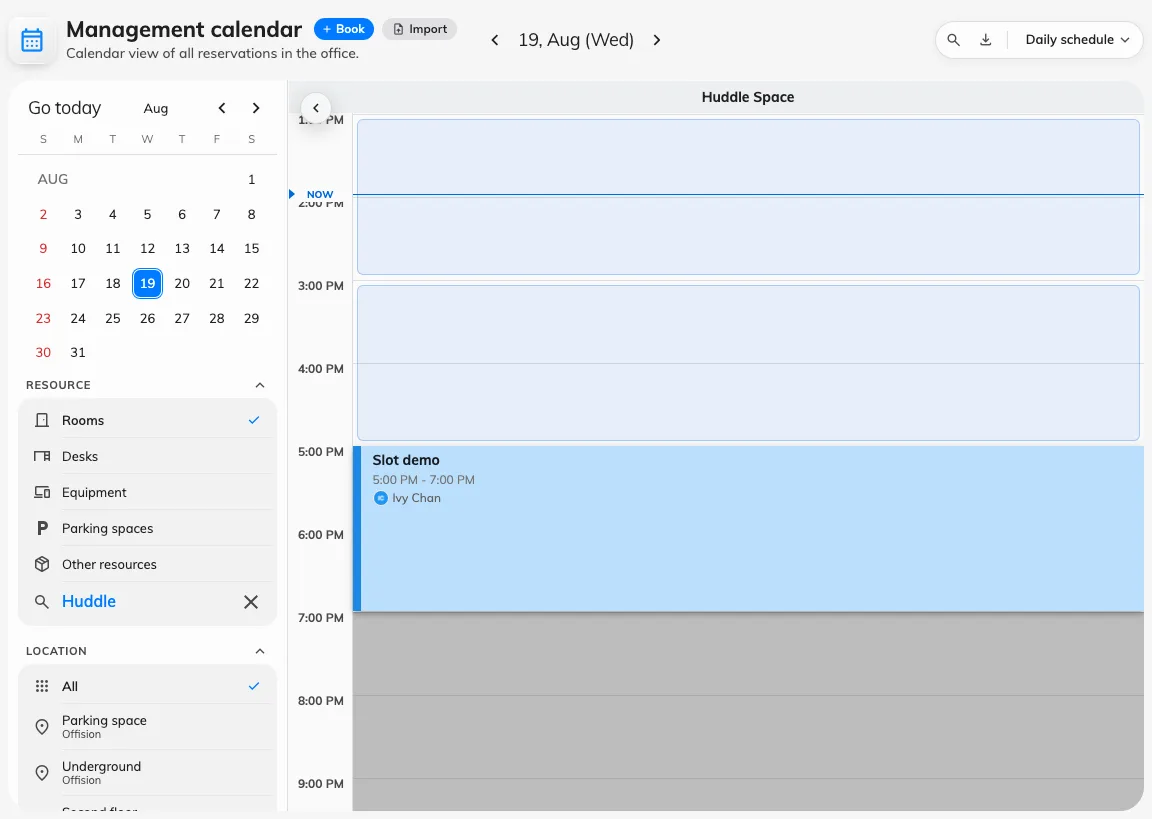 The management calendar, with the slot bands behind the day.