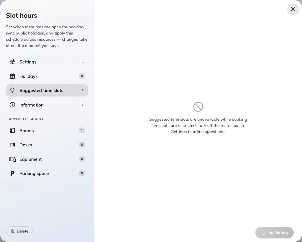 The Suggested time slots page while the restriction is on.