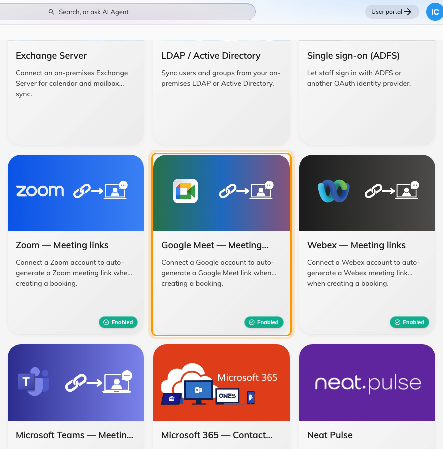 Google Meet under Meeting link generation in the Integrations gallery.