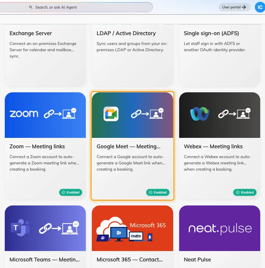 Google Meet under Meeting link generation in the Integrations gallery.