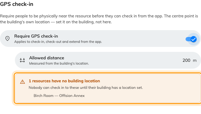 Allowed distance is measured from the building's location, and the page names the resources whose building has none.