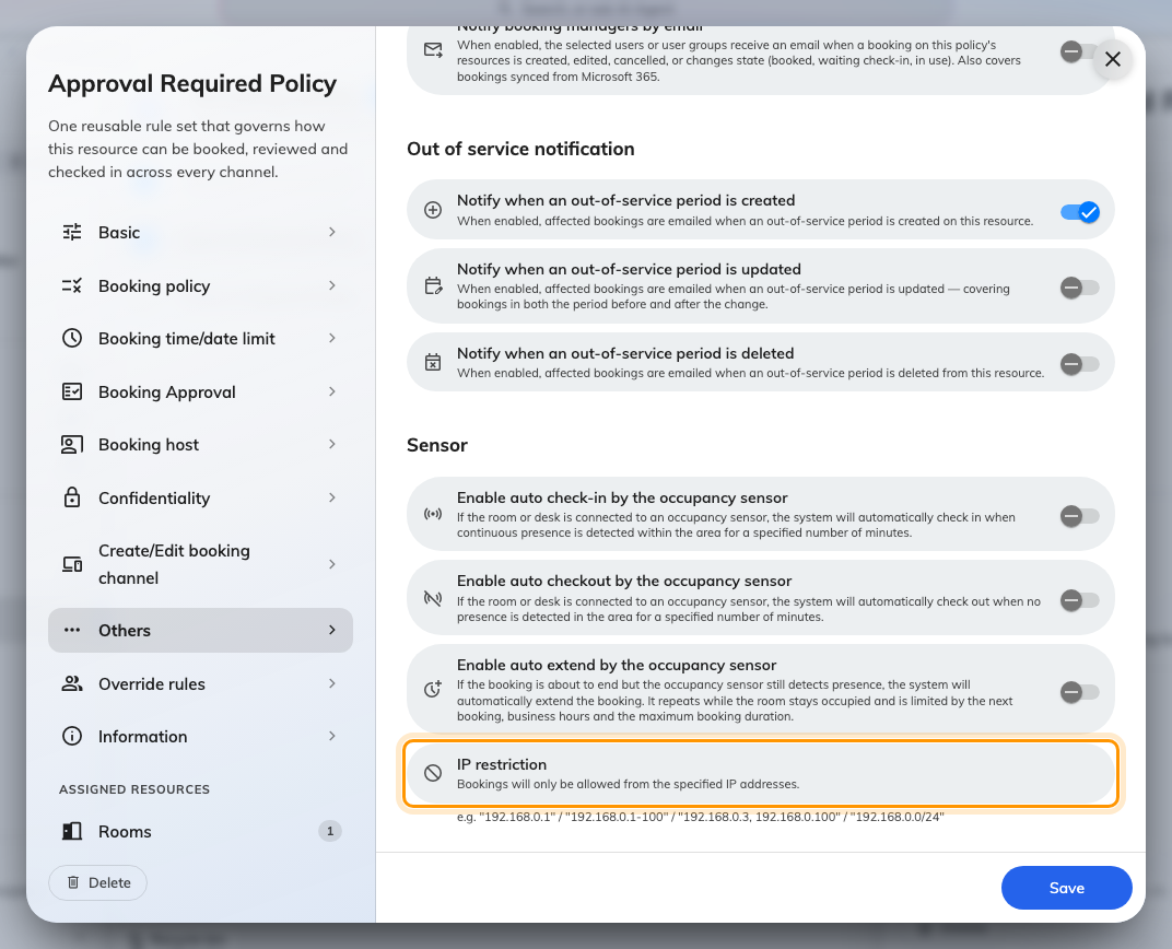 On the policy's Other page: single addresses, ranges, lists or a subnet.