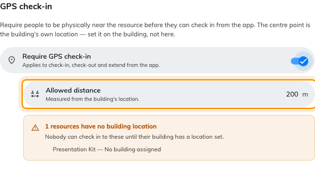 The policy's GPS page: the switch, the radius, and the resources it would refuse.
