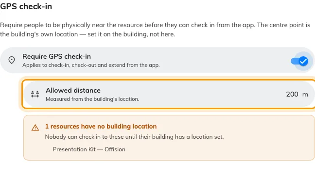 The policy's GPS page: the switch, the radius, and the resources it would refuse.