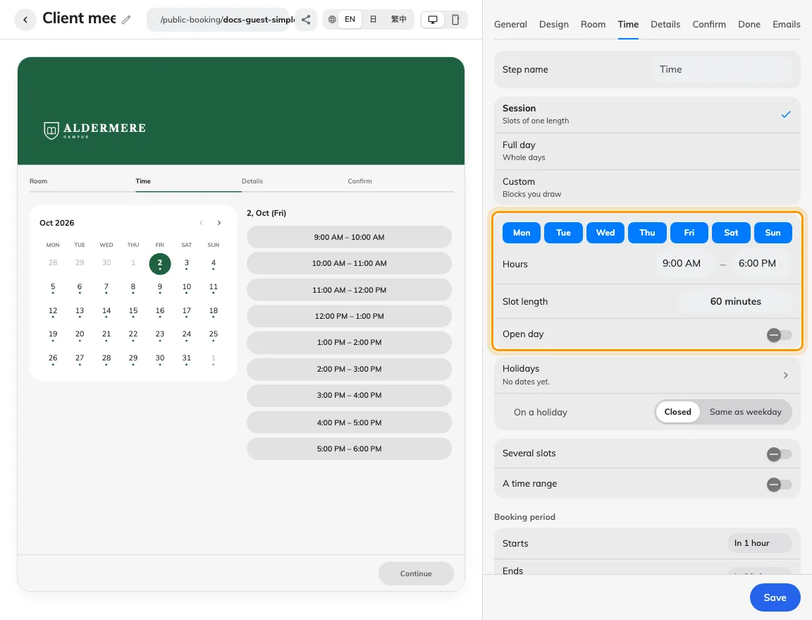 Check the page timetable and booking period together.