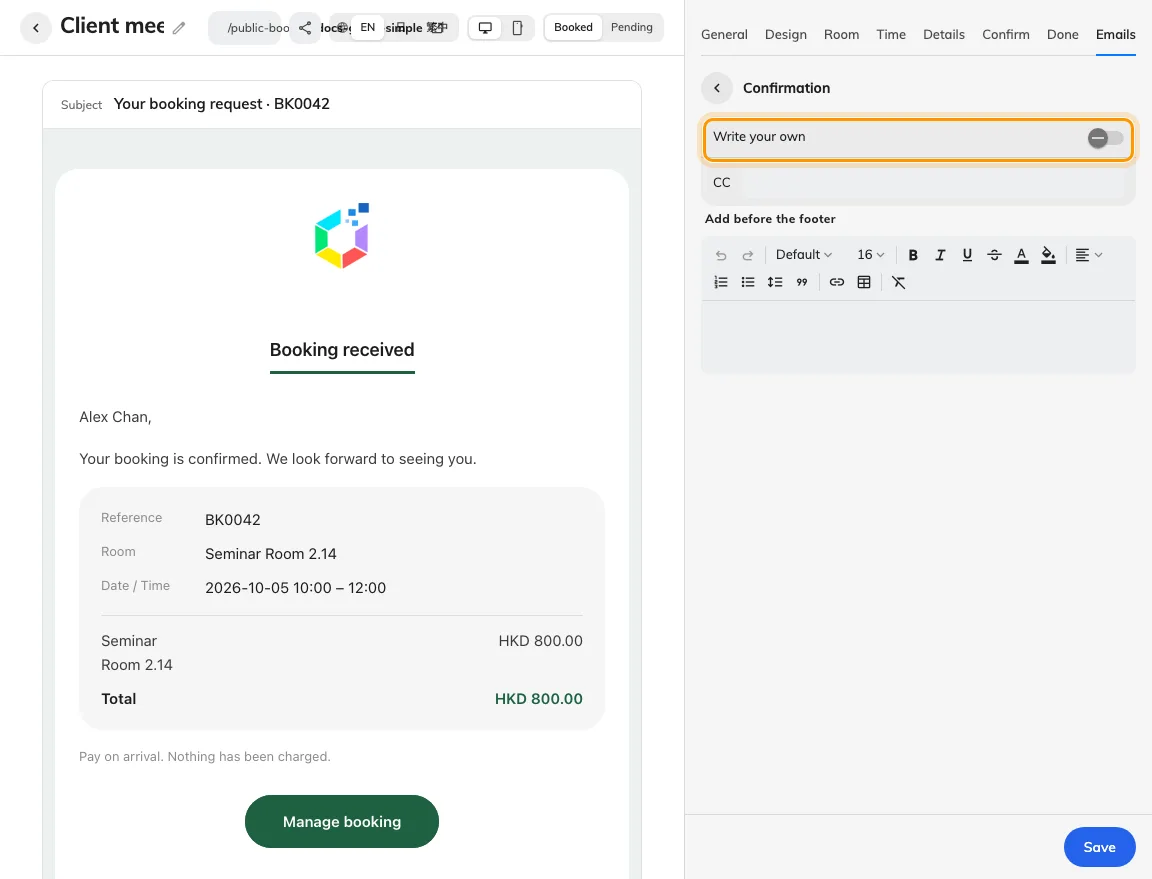 Edit confirmation wording without hiding essential booking facts.