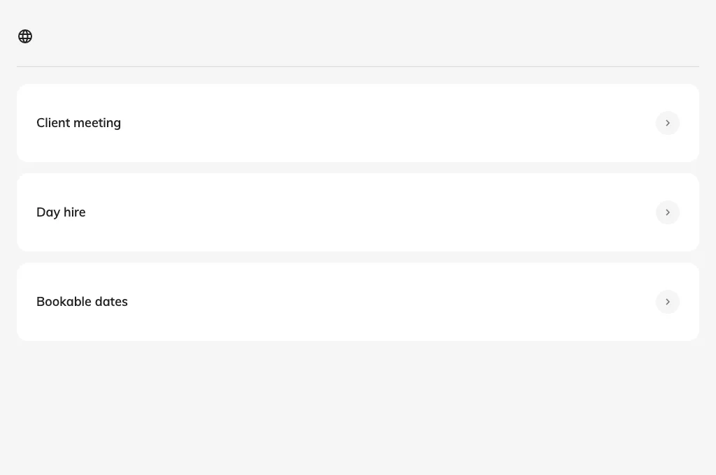 The general public page lists the published booking pages guests can choose.