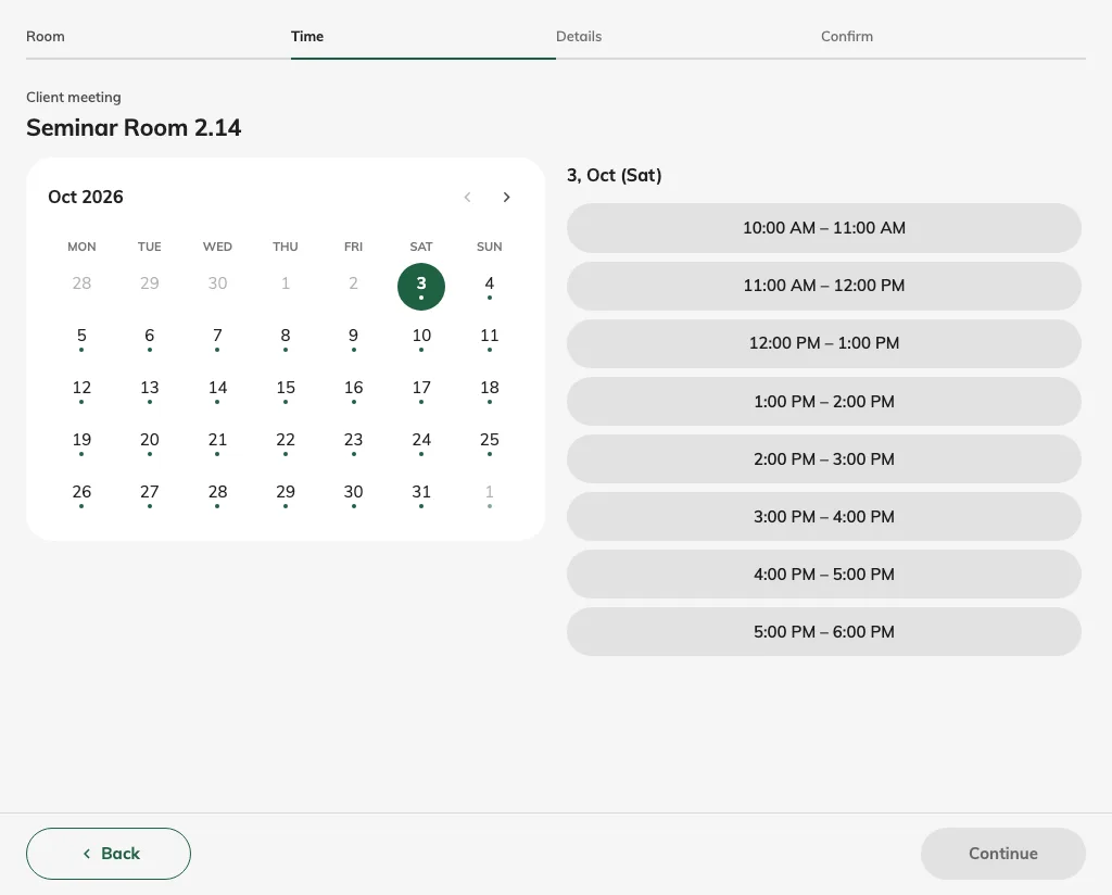 The calendar offers the dates available for the selected room.