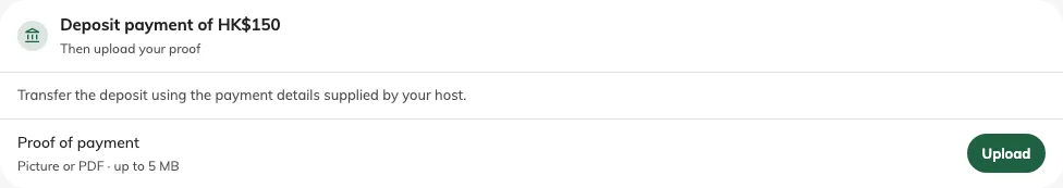 Payment instructions and the optional proof upload appear before booking.