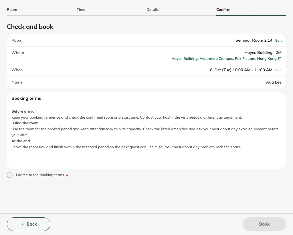 Before agreement, the required terms remain unchecked and the booking action is unavailable.