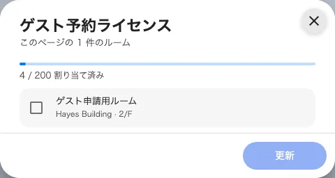 ライセンスダイアログでルームの割当を確認します。