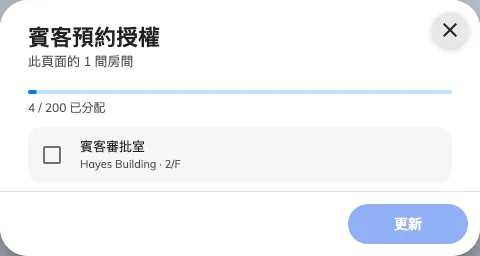 授權對話框列出會議室分配。