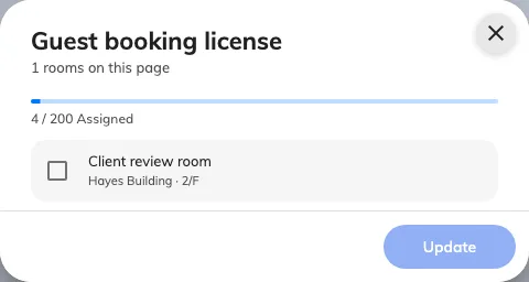 The licence dialog lists room allocation.