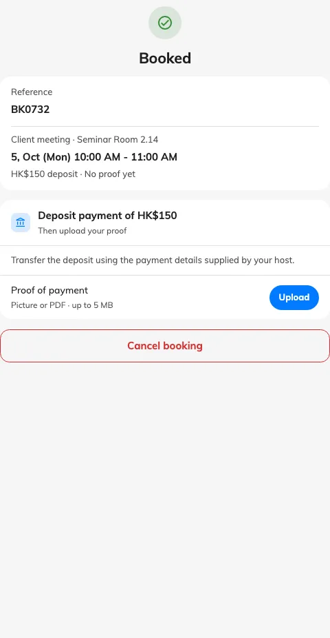 The original private link shows the booking and permitted follow-up actions.