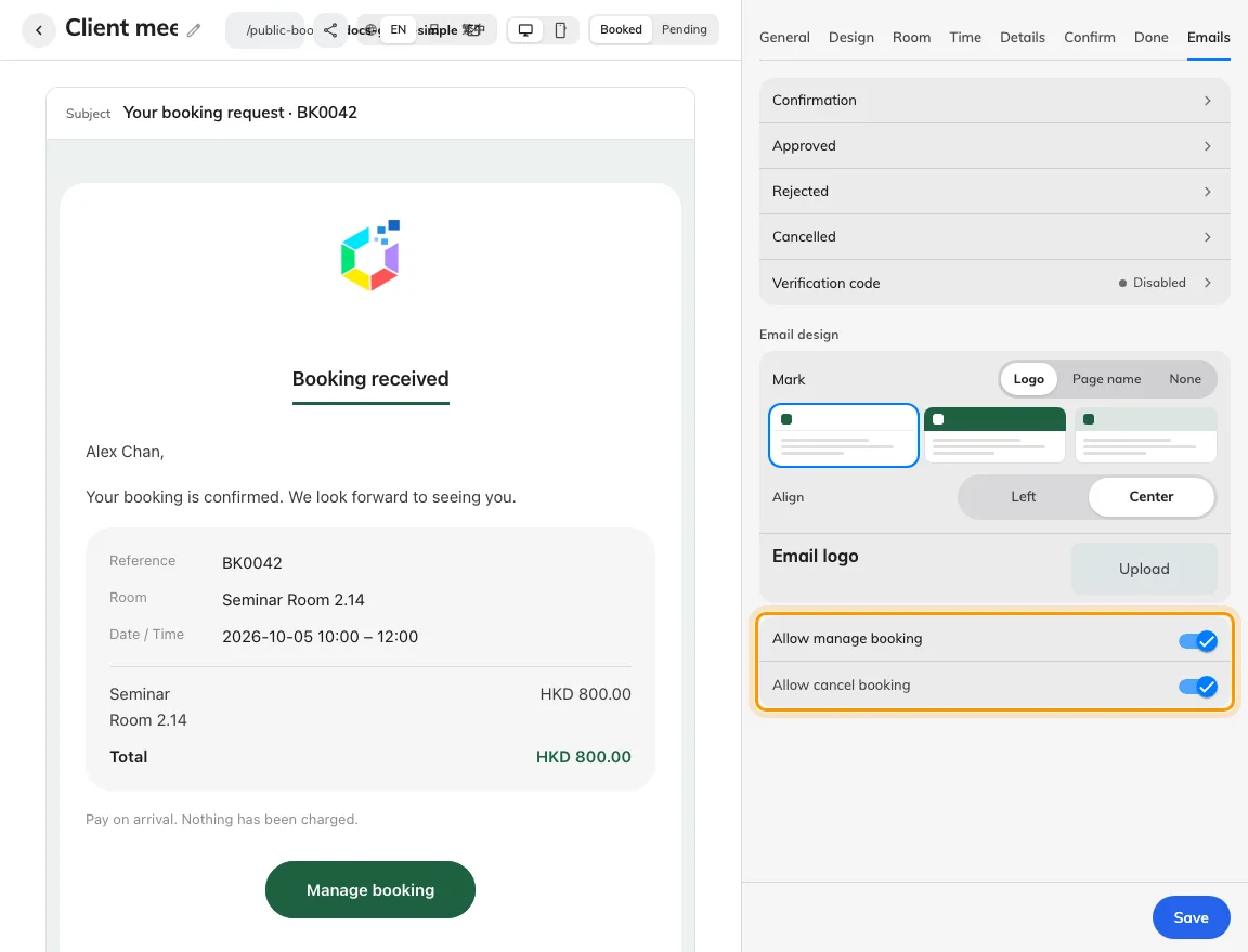 Allow manage and Allow cancel control the private follow-up link.