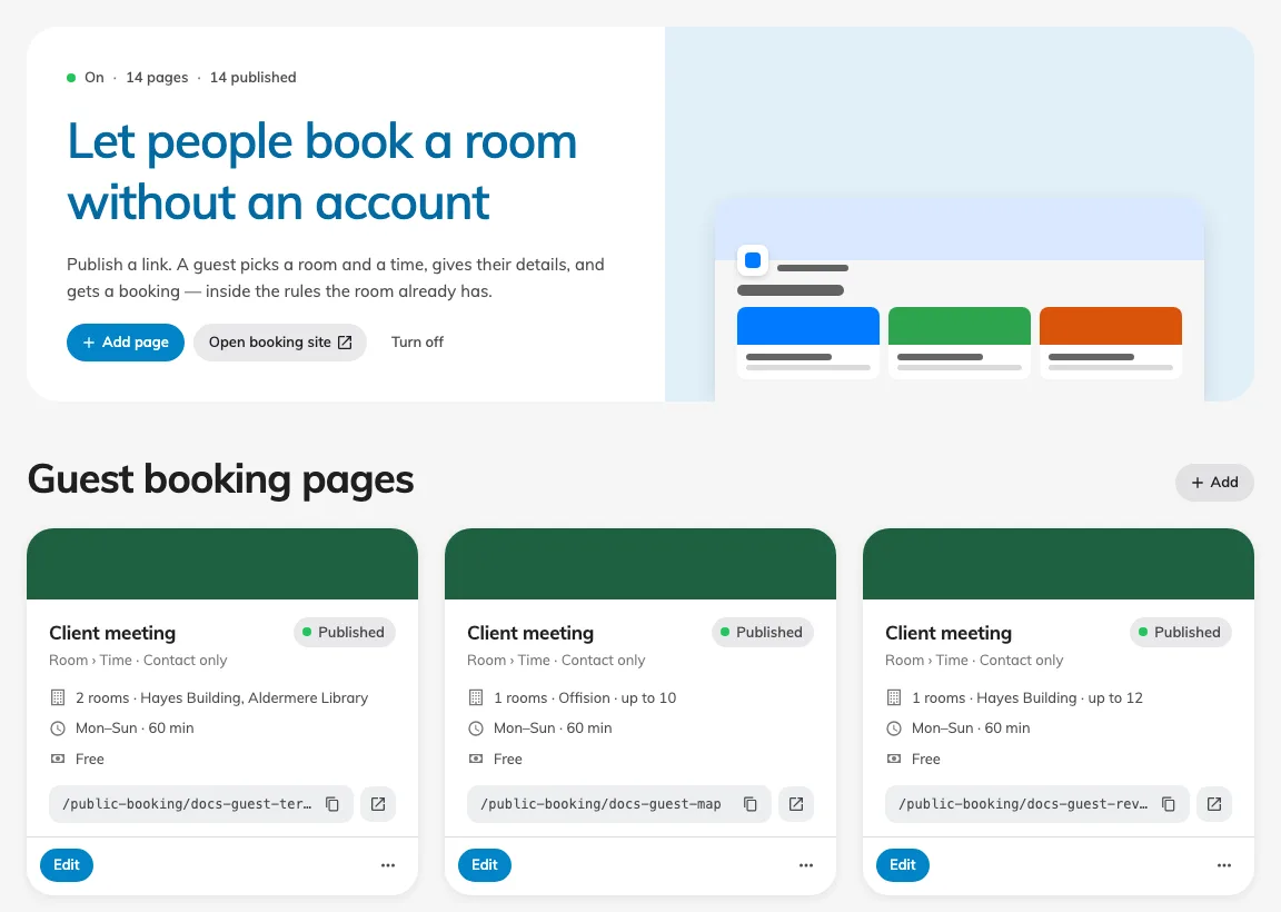 Guest booking overview with published page cards.