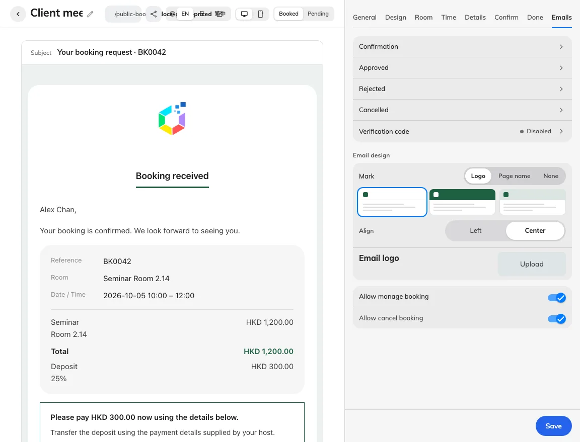 Email settings define message types and follow-up links.