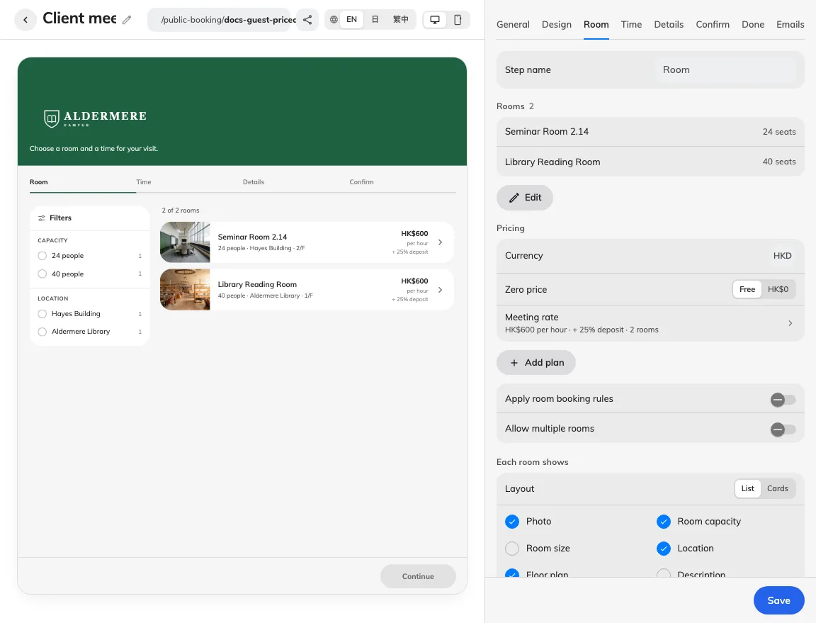 Room settings define membership, pricing and visibility.