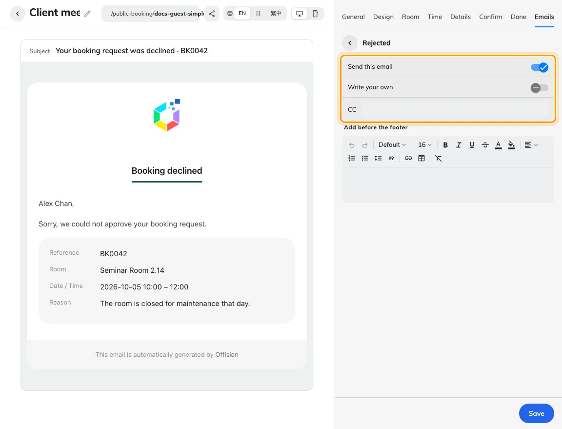 Review-result email send controls are configured per result.