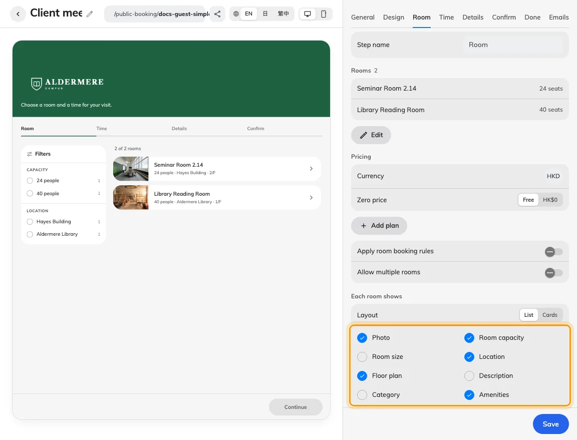 Room facts and filters are configured below membership.