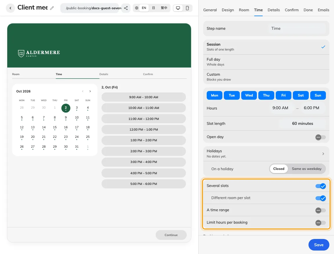 Separate slot and room allowances support different booking shapes.