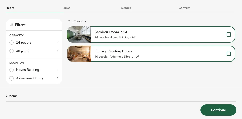 Multi-room selection starts with room checkboxes.