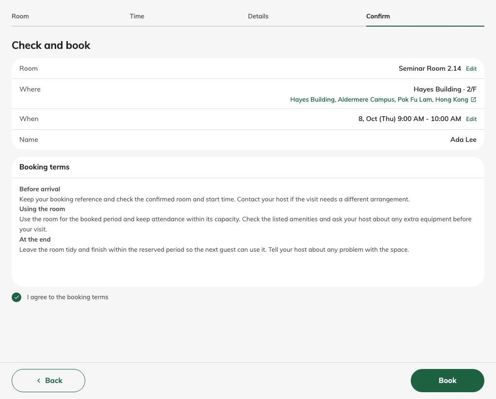 After the required agreement, the booking action is available; no booking has been submitted yet.