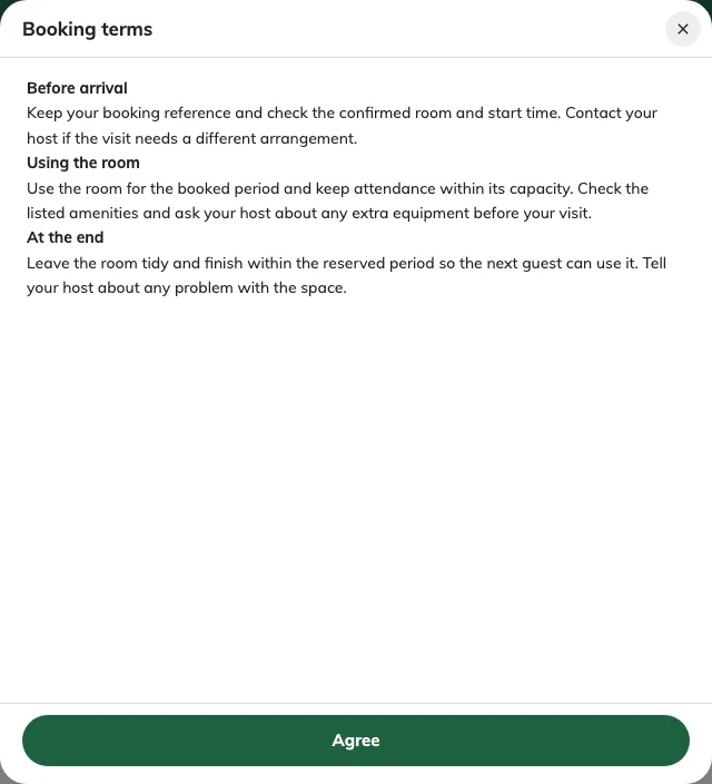Dialog mode opens the terms in a separate reading area with its own agreement action.