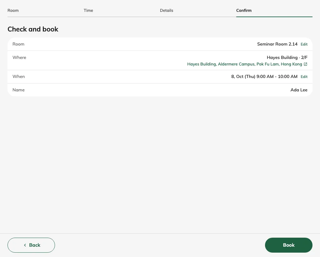 Review the room, location, time and name before booking.
