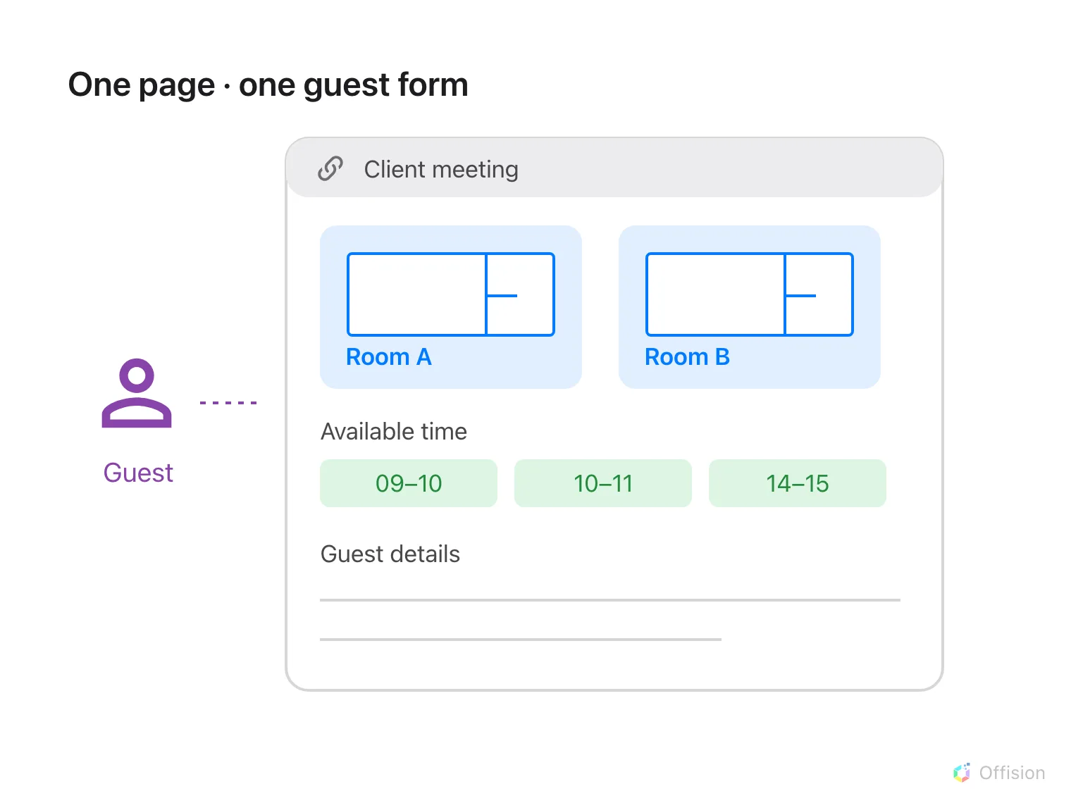 One shared page offers several rooms, a time picker and one guest form.