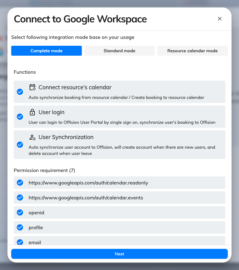 The mode step, with its function list and the permissions that mode asks for.