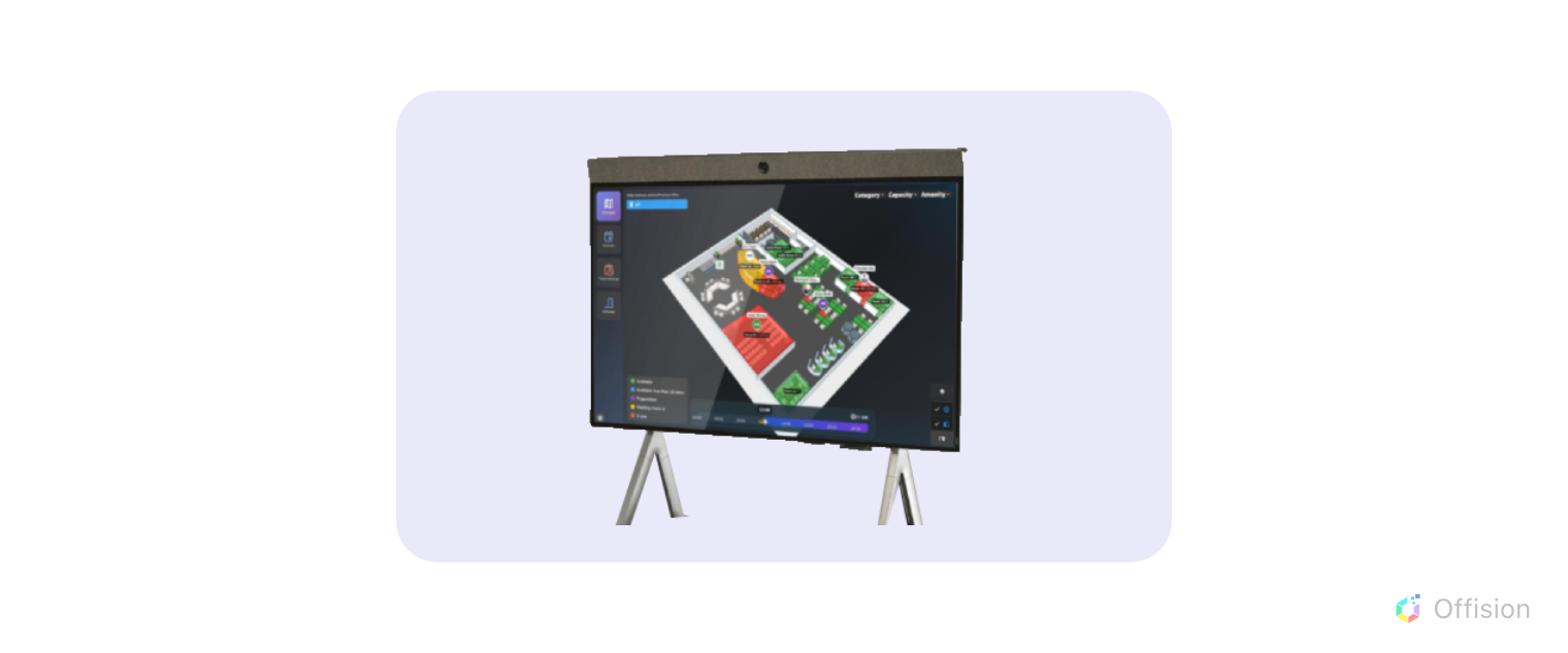 A large floor-standing touchscreen on a stand, showing a floor plan.