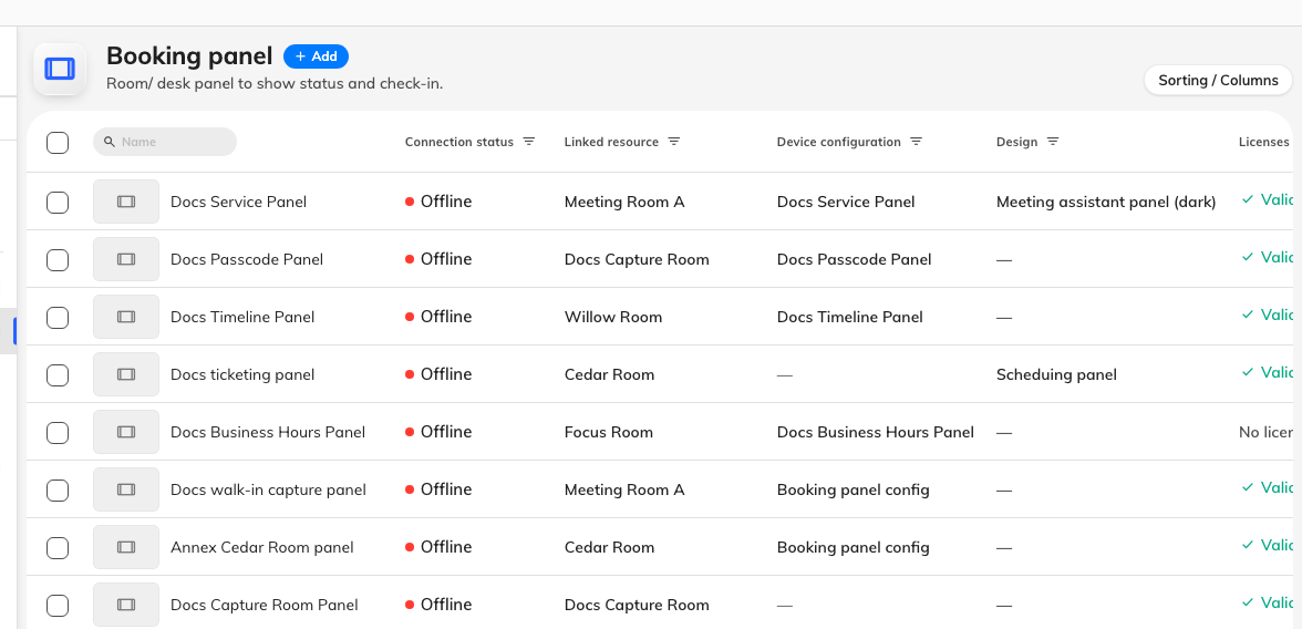The booking panel list. Connection status is where a paired panel reports in.
