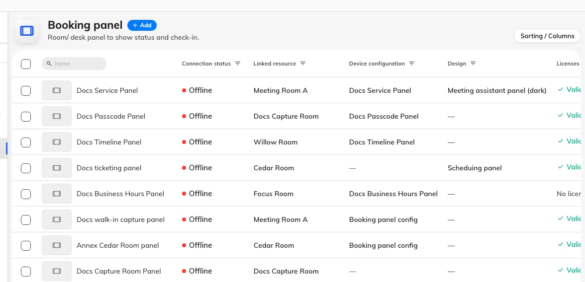 The booking panel list. Connection status is where a paired panel reports in.