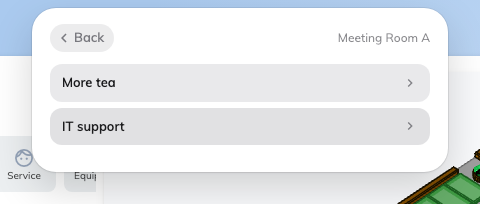 The room's in-use services. Pick one, set the options, Send request.